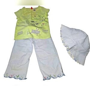 Vintage Gymboree 3 Piece Set Top, Bottoms, Hat Size 5 Blue, Green, White